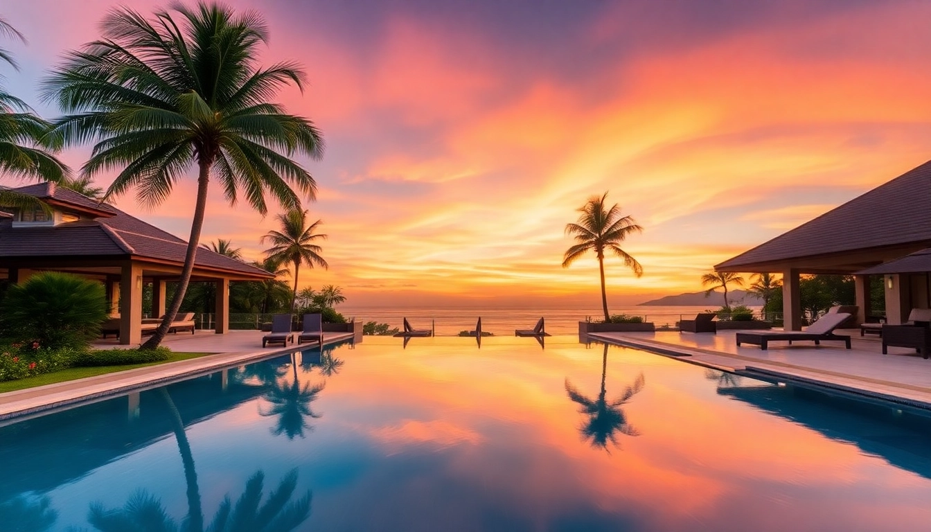 Rent a villa property for sale featuring a stunning sunset and inviting pool in Phuket.