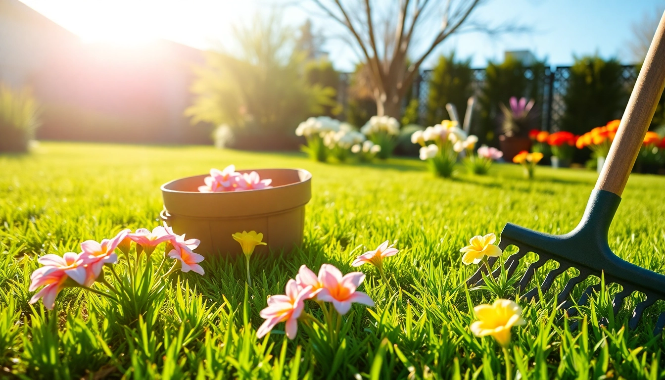 Spring clean up in a vibrant garden highlighting blooming flowers and fresh grass