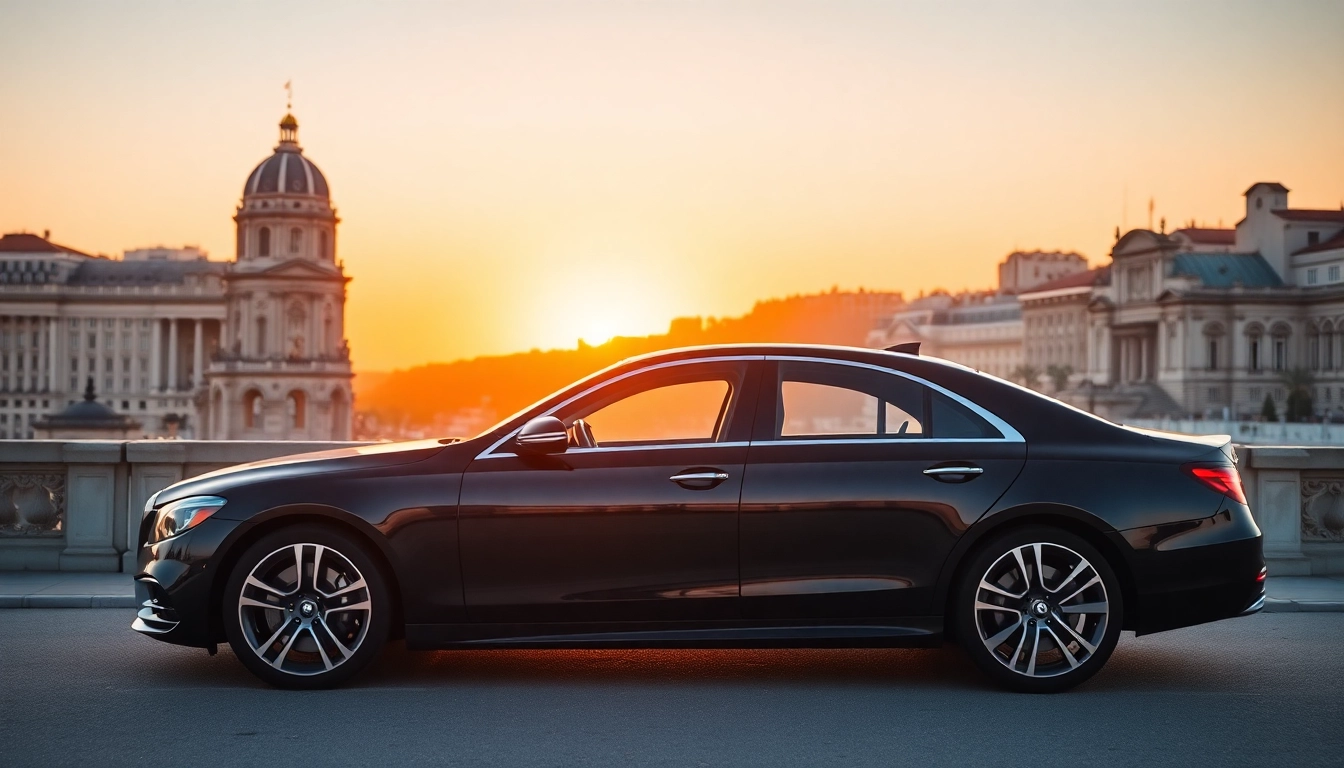 Experience professional hire car with driver Lisbon as a luxurious black car awaits by a historic landmark.