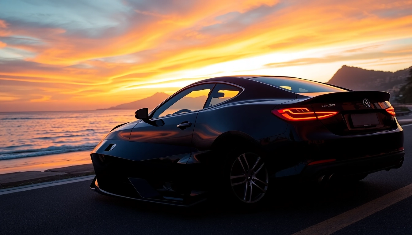 Enjoy a luxury private car service Rio with a stylish vehicle against a stunning beach sunset.