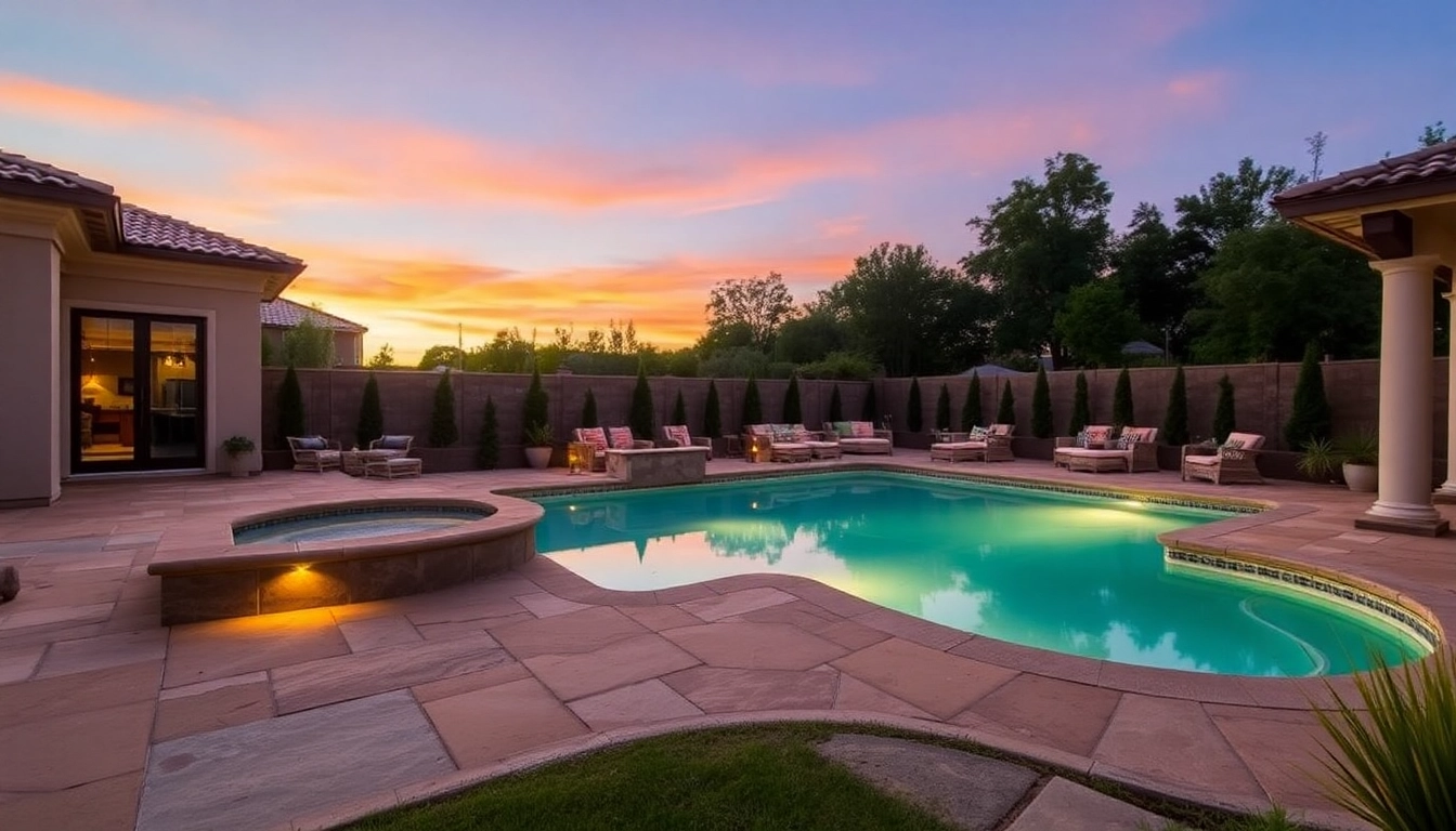 Enhance your outdoor retreat with stunning hardscapes & pools, showcasing a tranquil pool surrounded by beautiful stone paving and lush landscaping.