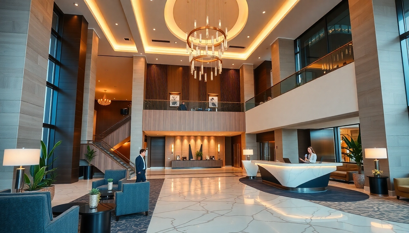 Showcasing hotel management through a vibrant hotel lobby with warm lighting and professional decor.