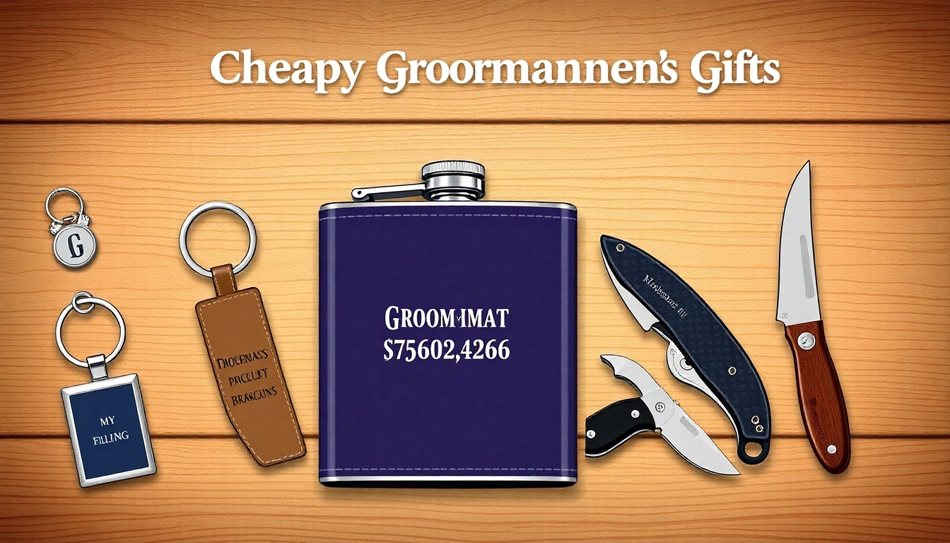 Showcase cheap groomsmen gifts like personalized flasks and multi-tools elegantly arranged to highlight their uniqueness.