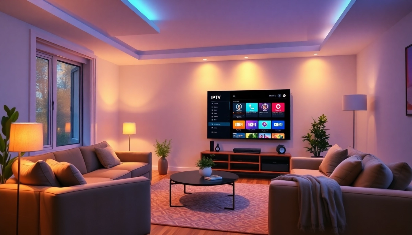 Explore various IPTV subscription options with an abonnement iptv highlighted on a modern TV screen in a welcoming living room.