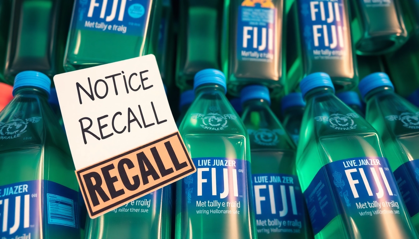 Fiji water bottles recalled due to contamination risks; bottles stacked with a recall notice.