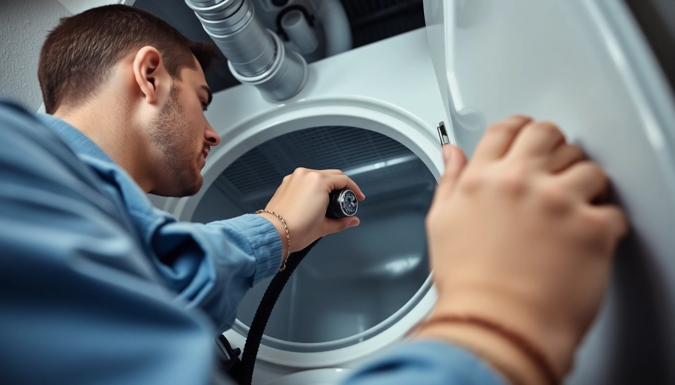 Efficient dryer vent cleaning service in Salt Lake City, Utah, showcasing a technician at work with specialized tools.