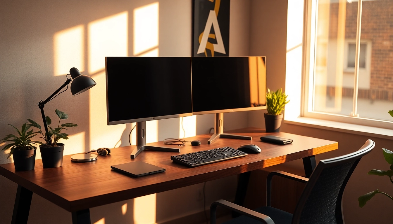 Dual monitor install showcasing a modern workspace with a wooden desk and well-lit monitors.