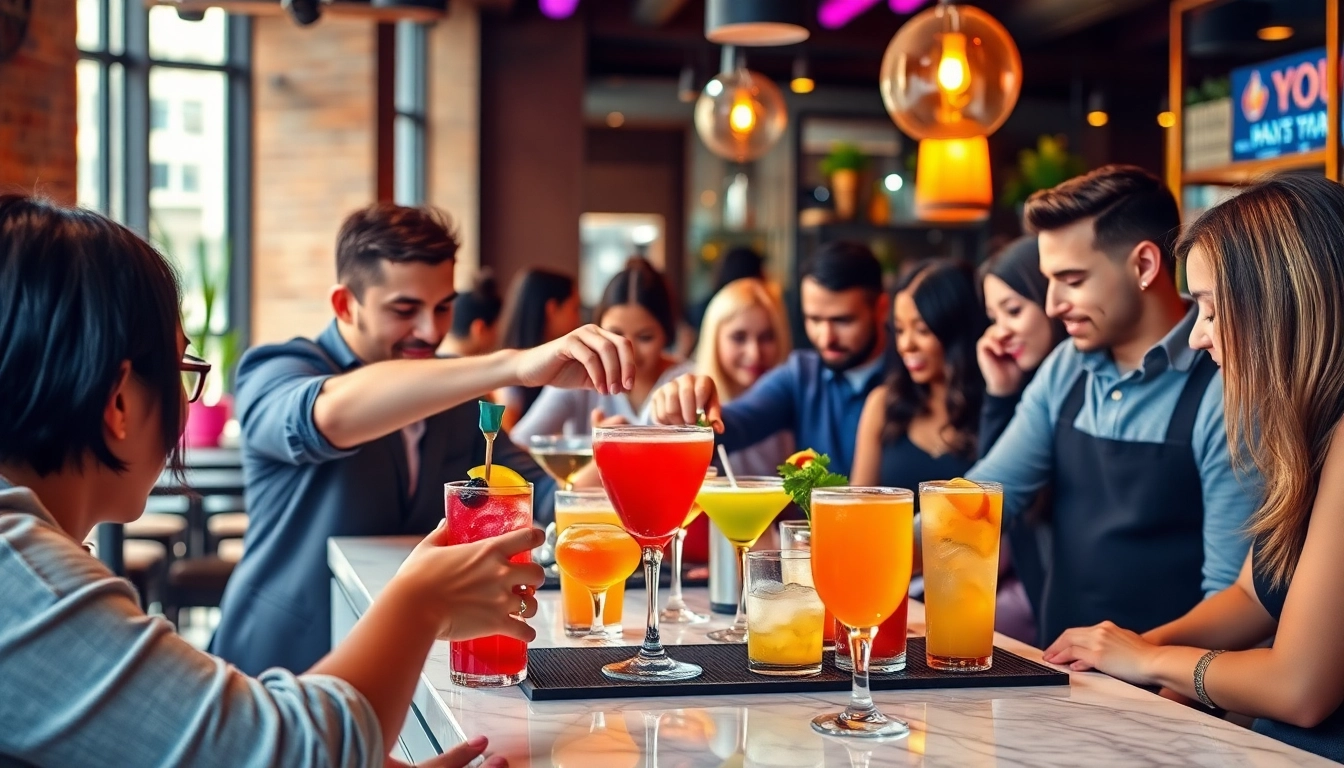 Participants enjoy a cocktailkurs, expertly mixing colorful drinks in a vibrant setting.