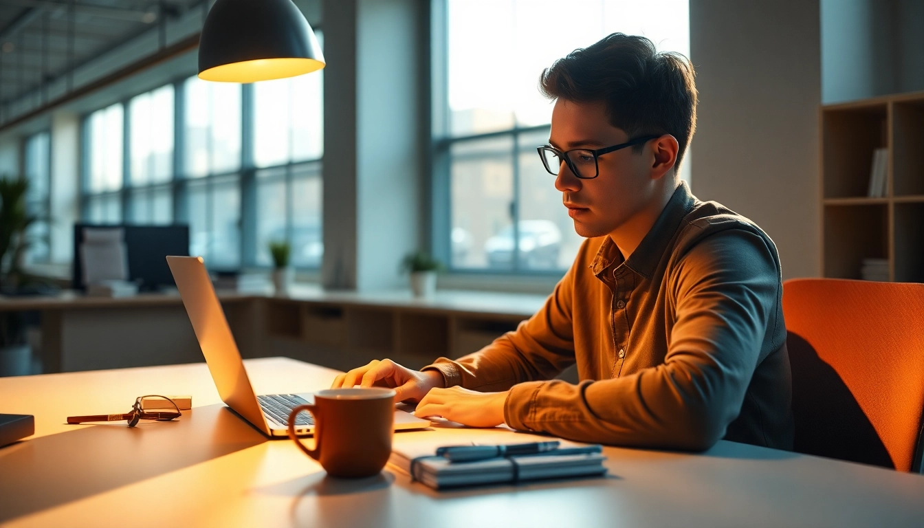 Stayfocused individual engrossed in work at a stylish desk with a laptop and coffee.