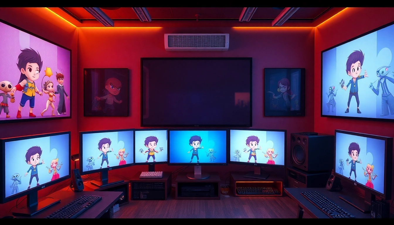 Create stunning 3D Animation visuals in a modern studio with animated characters on display.