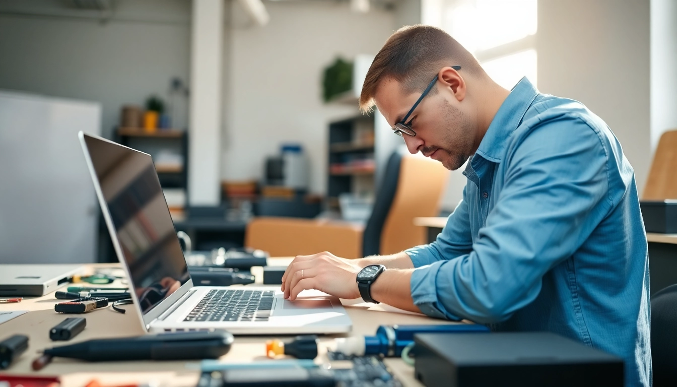 Riparazione pc torino: un tecnico esperto ripara un laptop in un ambiente professionale e ordinato.