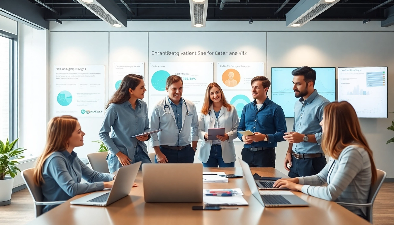 Marketing für pflegedienste: Team strategizes innovative healthcare marketing solutions in a modern office.