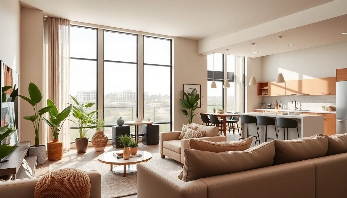 Showcase vibrant apartments in Glendale AZ featuring modern living room and kitchen.
