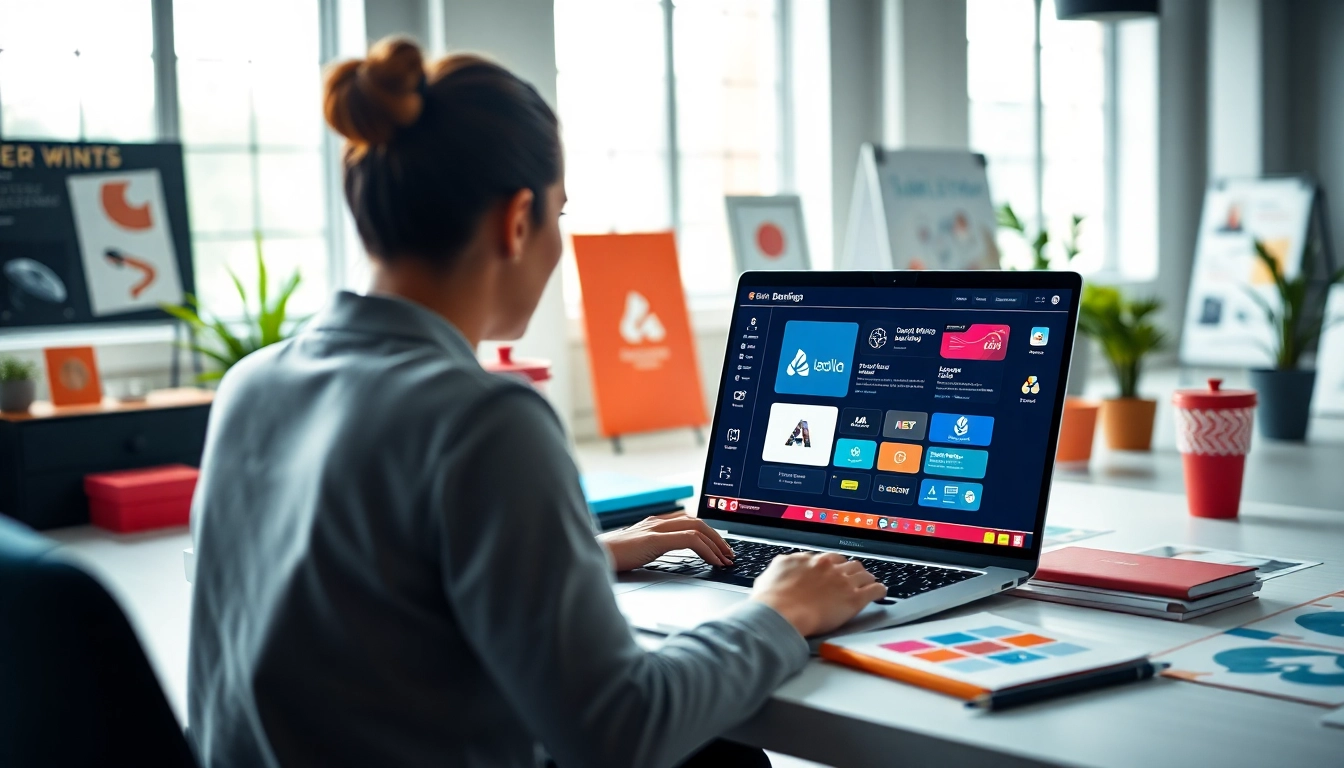 Explore AI-powered branding services through a creative workspace showcasing collaboration and innovation.