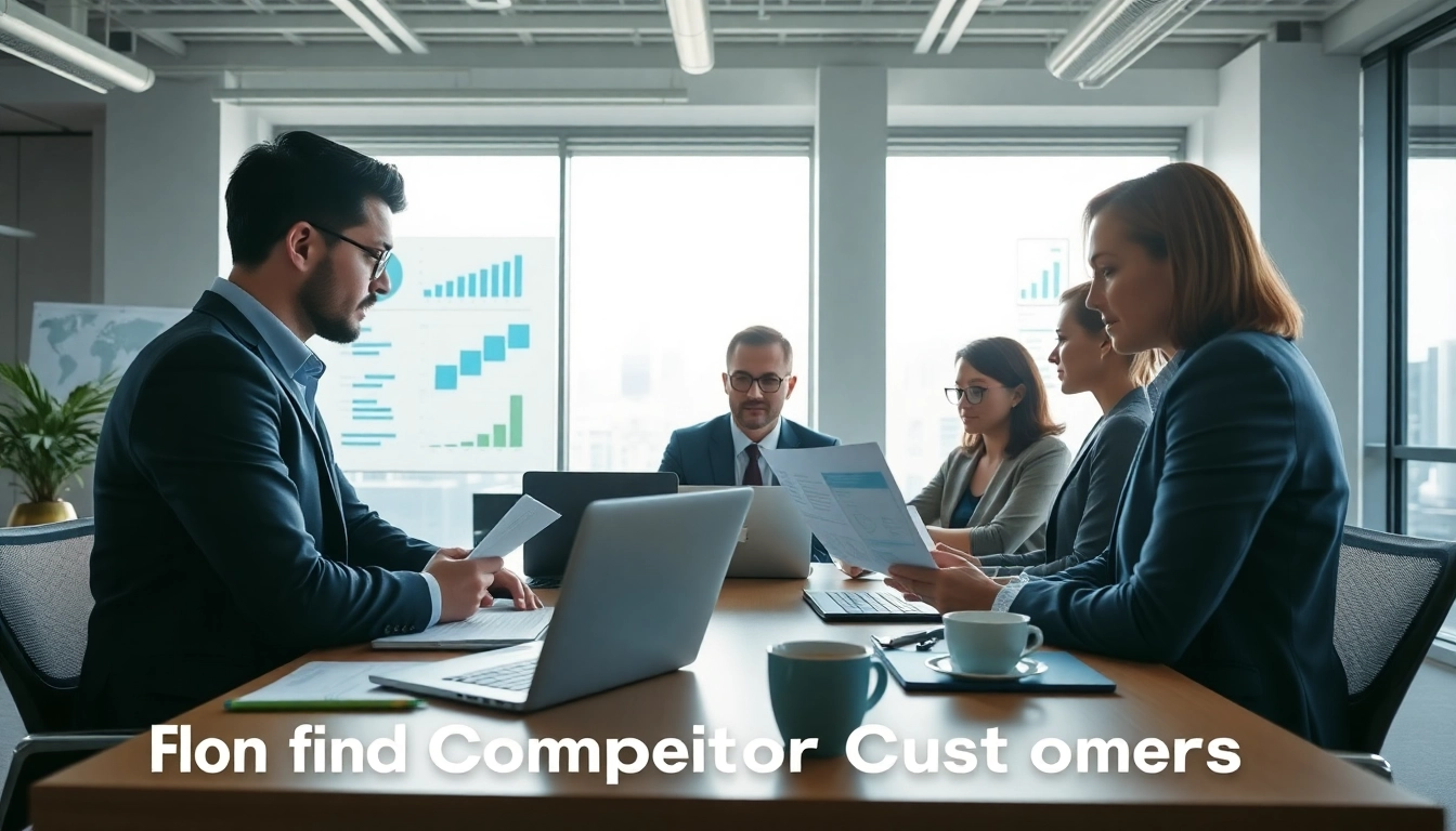 Analyze strategies to find competitor customers with a focus on teamwork in a modern office.