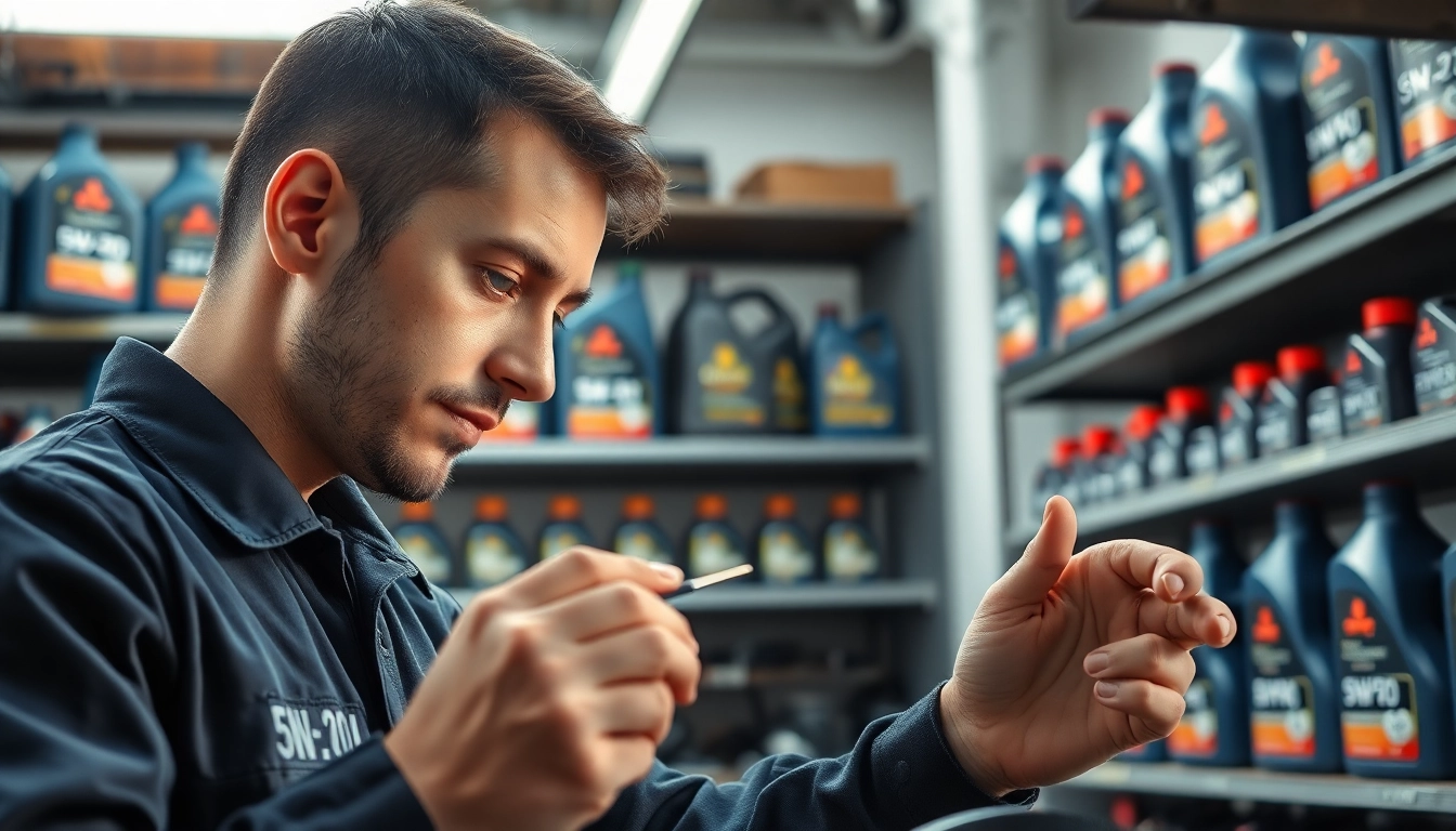 Check the engine oil with 5W-20 oil products in a professional automotive workshop.