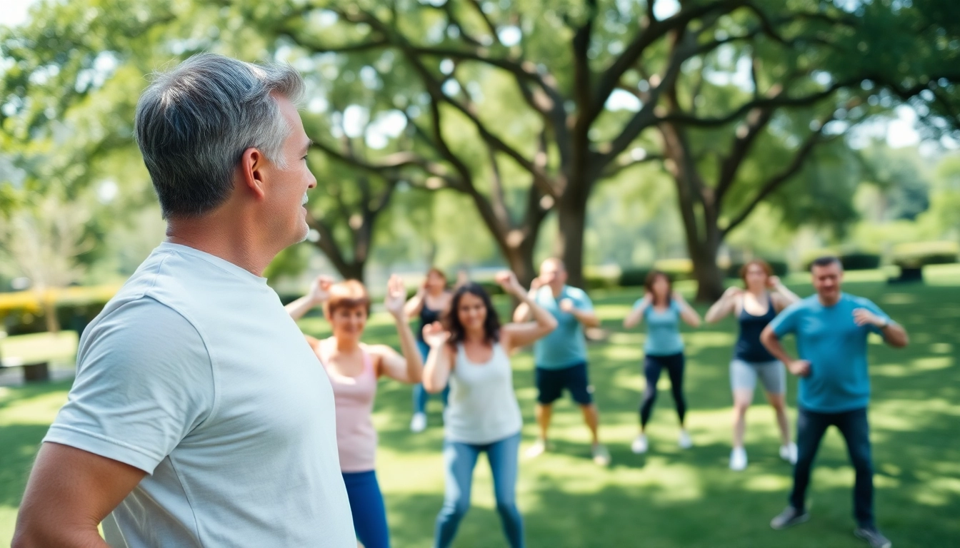 Fitness Coach near me inspiring a fitness session outdoors, promoting community and energy.