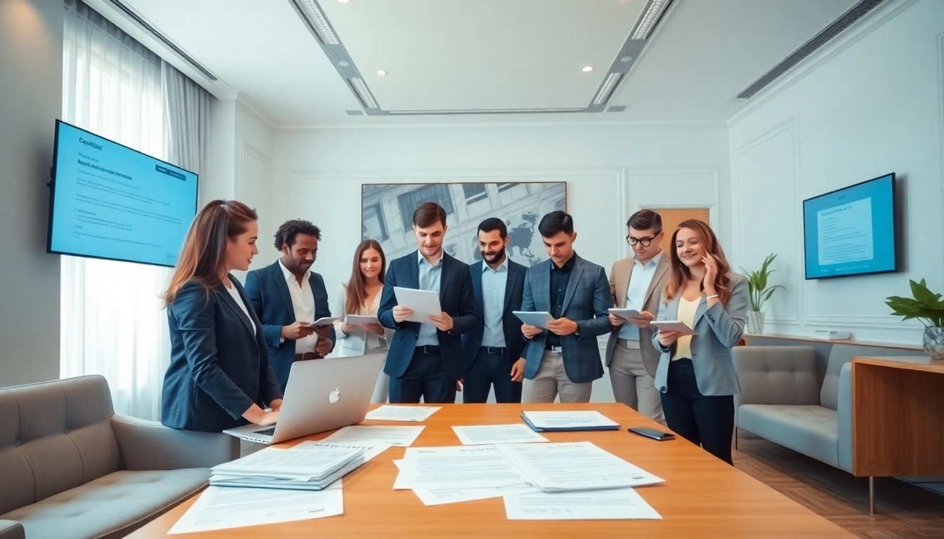 Actions pour enregistrer une société au Luxembourg avec des entrepreneurs dans un bureau moderne.