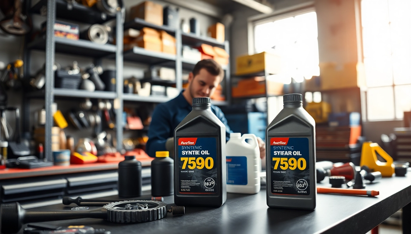 Evaluate synthetic gear oil 75w90 quality in a mechanic's workshop with tools and oils.