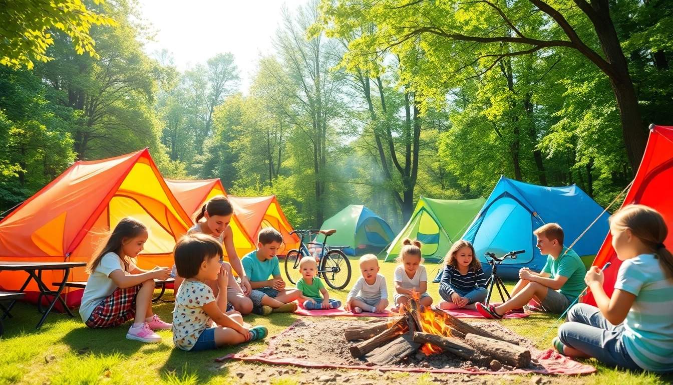 Families engaging in fun activities at holiday camps surrounded by nature.