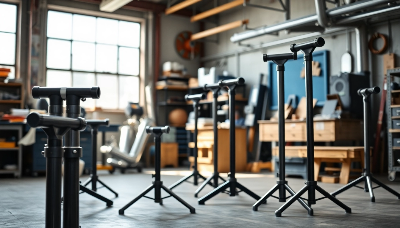 Showcase of pipe stands in a workshop, highlighting their adjustable features and durability.