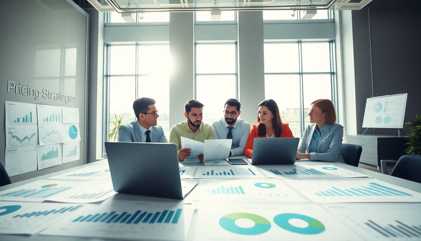 Engaged team discussing competitor pricing analysis with charts and graphs in a bright professional environment