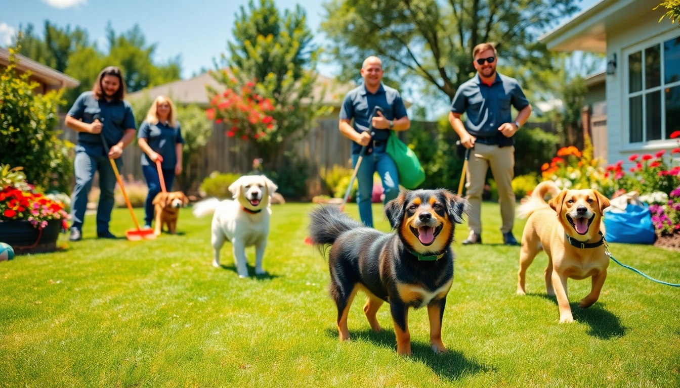 Professional dog clean up service team efficiently clearing pet waste in a sunny garden.
