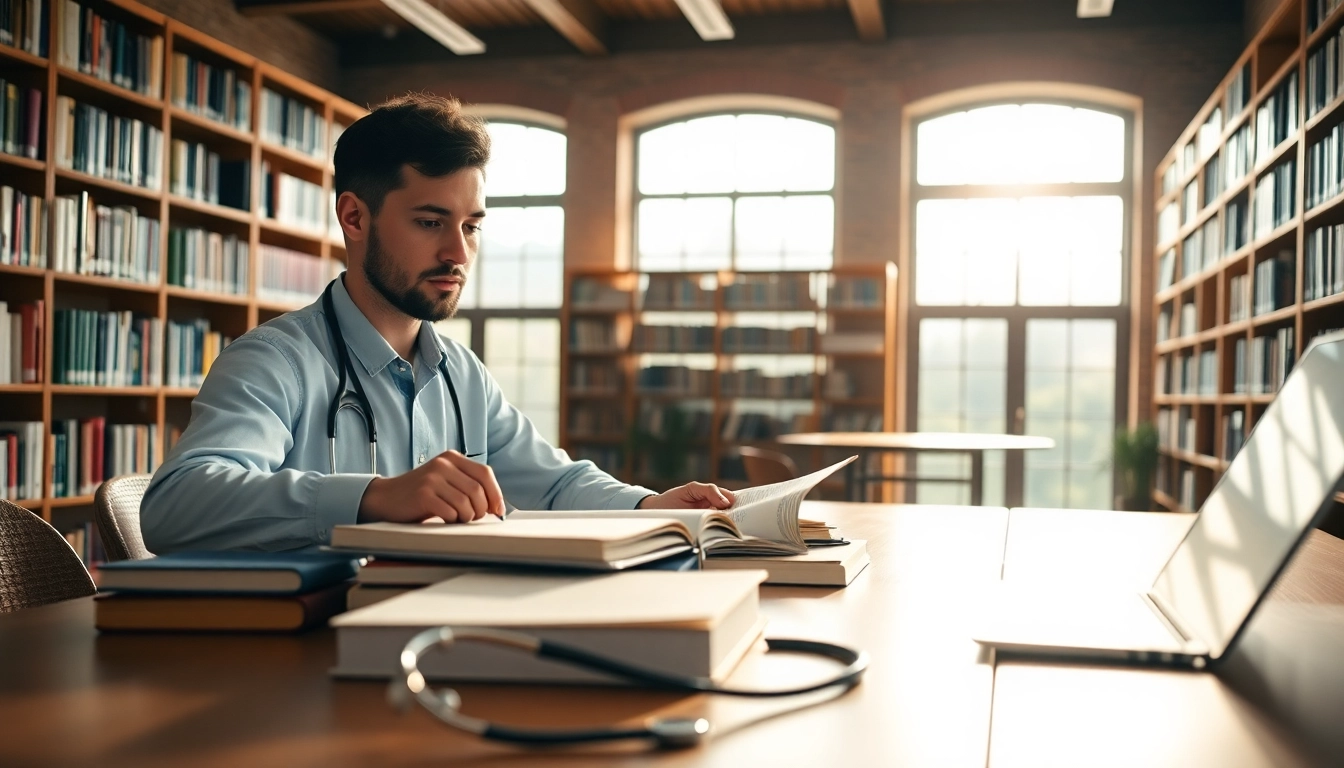 Medizinstudium ohne Test: engagierter Medizinstudent lernt in einer ruhigen Bibliothek.
