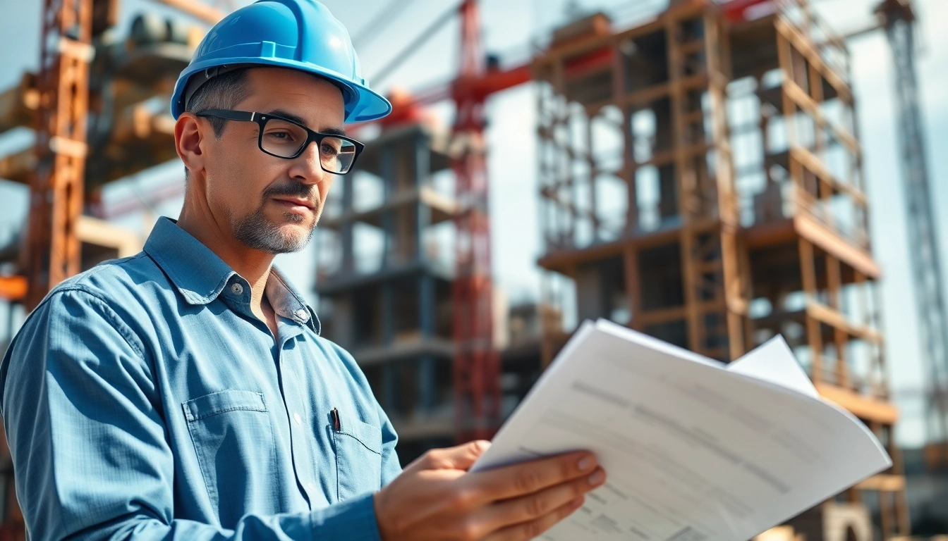 Reviewing nvq level 6 construction site management answers on-site at a busy construction location.