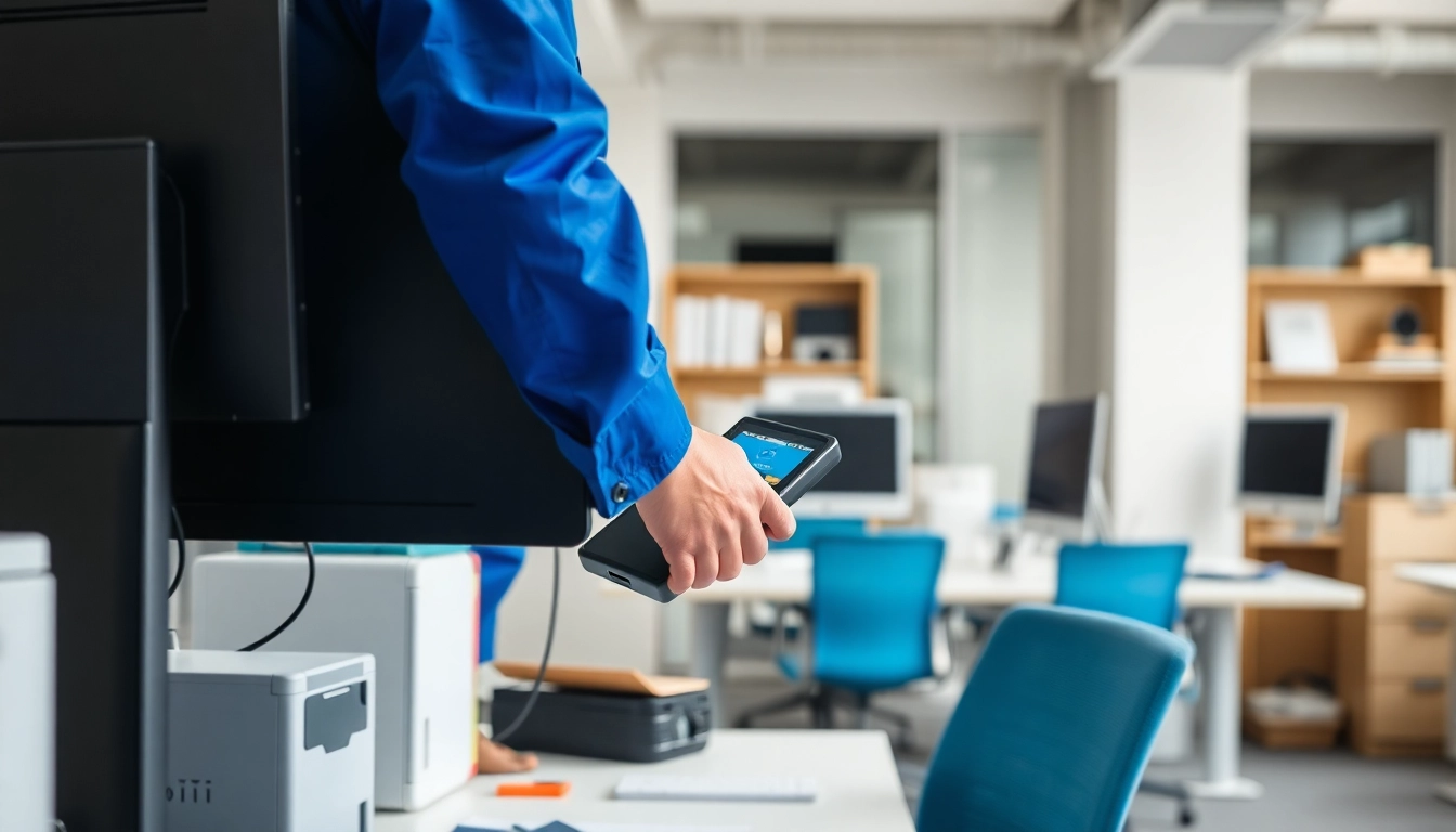 Technician conducting Pat testing Cannock on electrical appliances in a professional office setting.