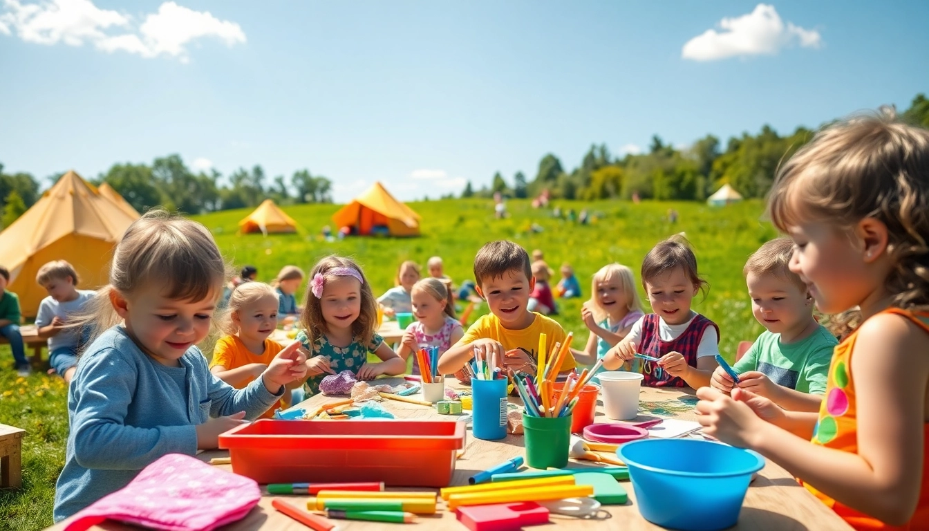 Children enjoying holiday camps with arts and crafts activities in a vibrant outdoor setting.
