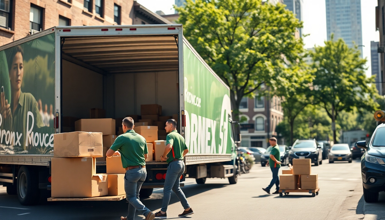 Bronx movers carefully unloading boxes from a truck in a busy urban street.