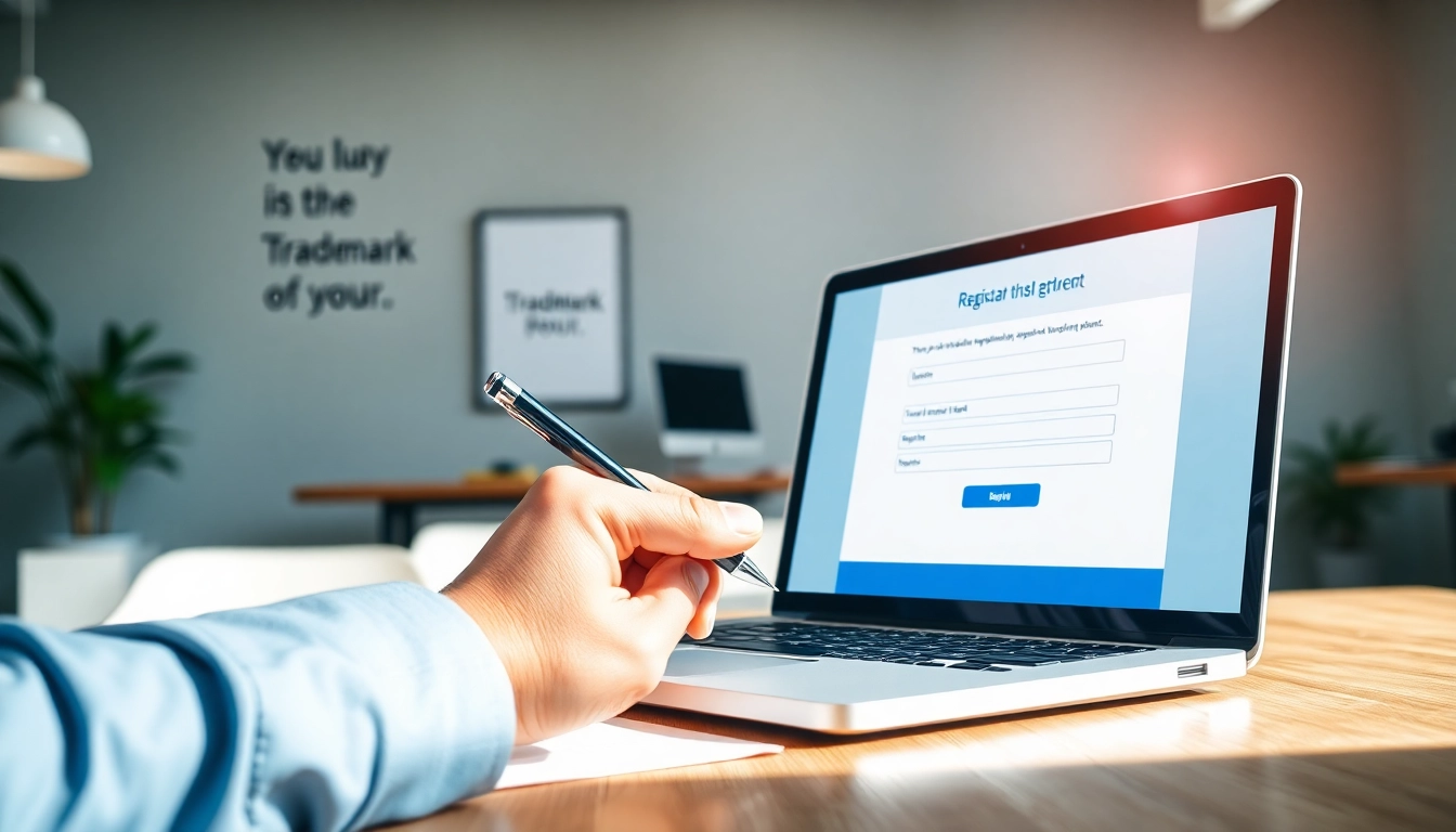 Engage with the online trademark registration platform while filling out an application in a professional setting.