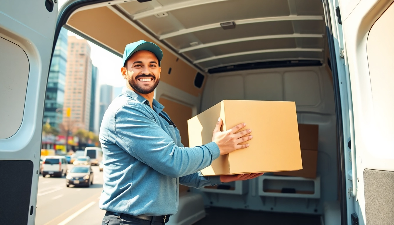 Man and van moving service lifting boxes into a professional moving van.