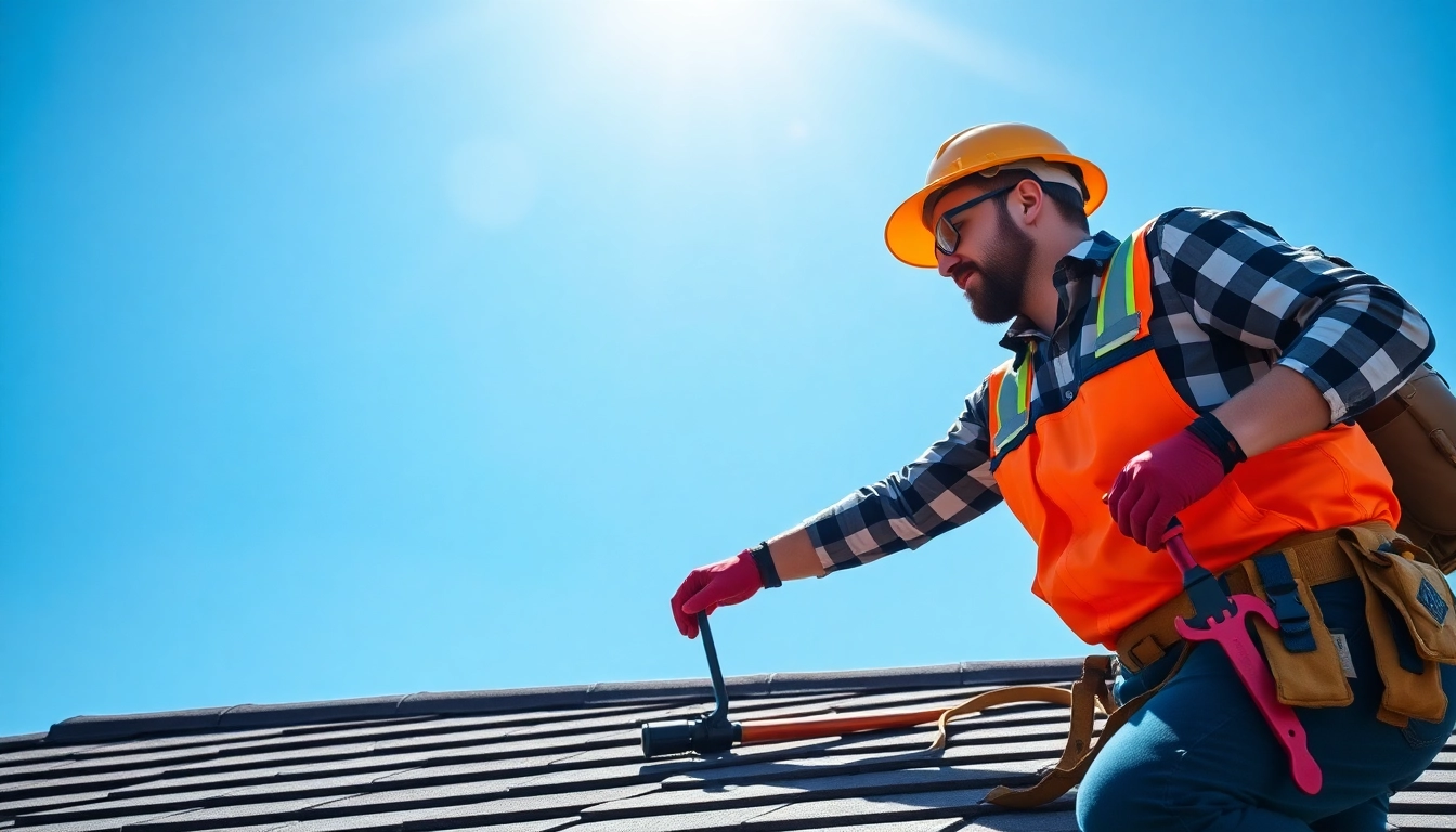 Inspecting a roof for roofing services near me, showcasing quality craftsmanship and professionalism.