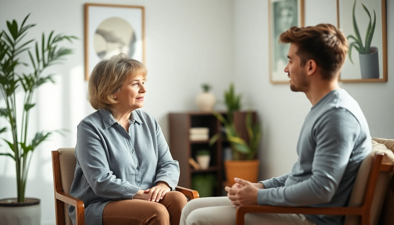 Panic attack symptoms discussion between a therapist and patient in a calm, inviting office.