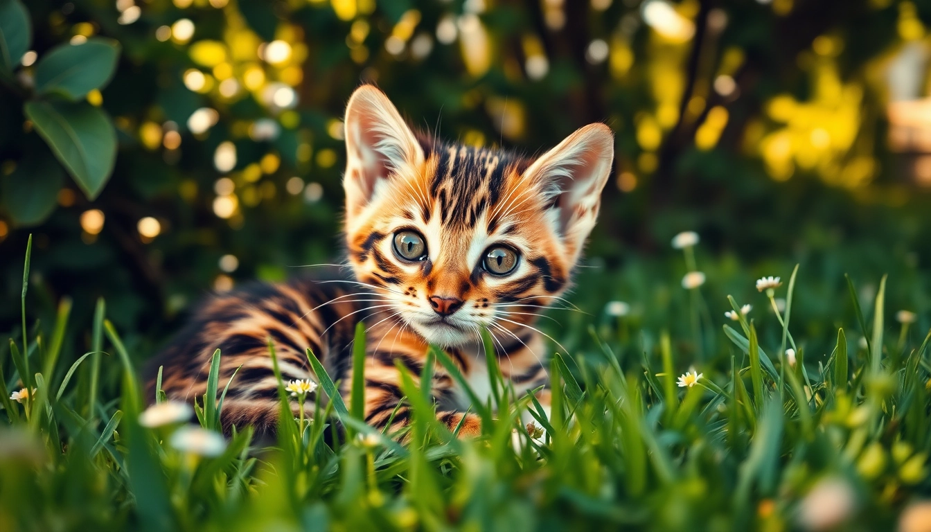 Engaging Bengal Kittens for Sale in a vibrant garden, showcasing their playful nature and unique patterns.