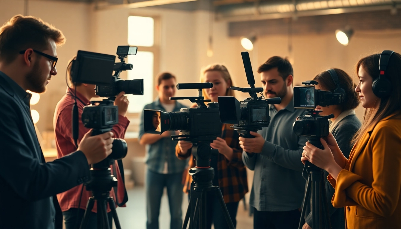 Team of 영상제작업체 professionals collaborating on a brand film in a studio environment.