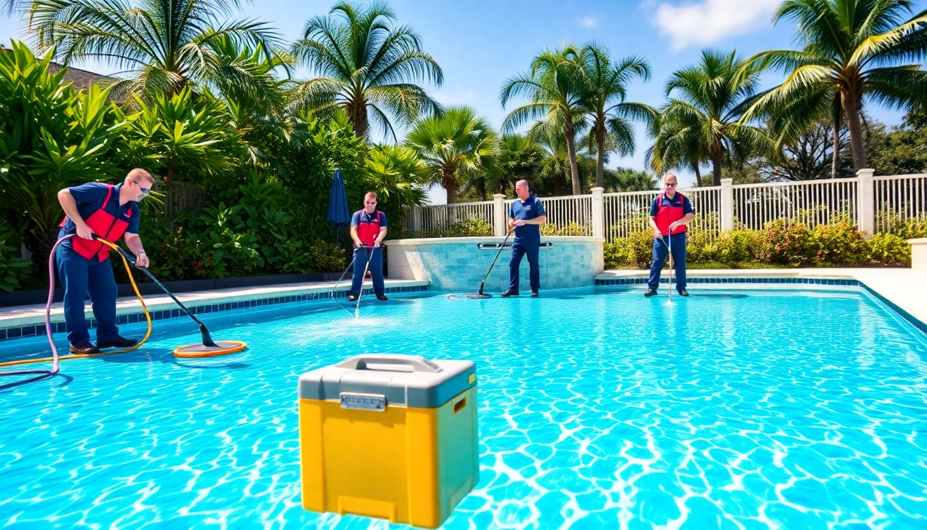Engaging swimming pool service Pinellas County team cleaning a residential pool with equipment under bright sunlight.