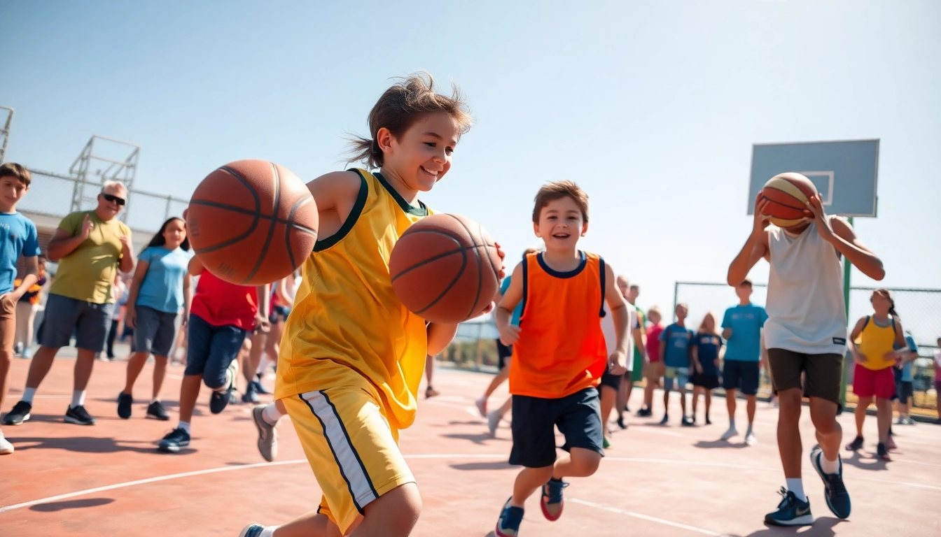 Young basketball enthusiasts practicing skills on a sunny court, showcasing joy and determination.