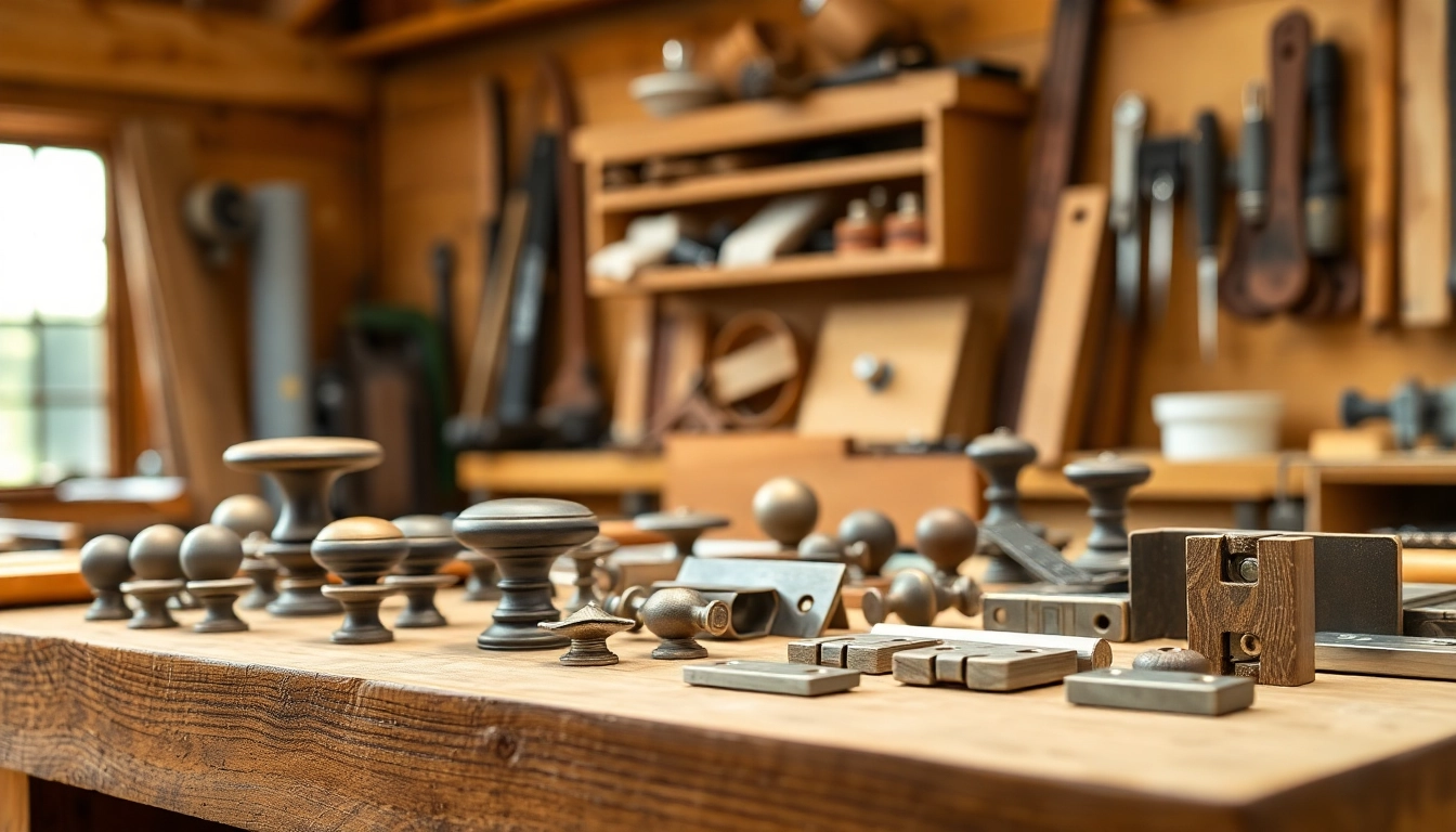 Showcase of diverse furniture hardware suppliers' products, featuring unique knobs and slides in an inviting workspace.