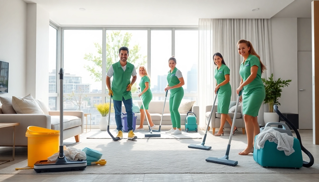 Bond cleaning Logan services showcasing professional cleaners in action in a bright, modern apartment.
