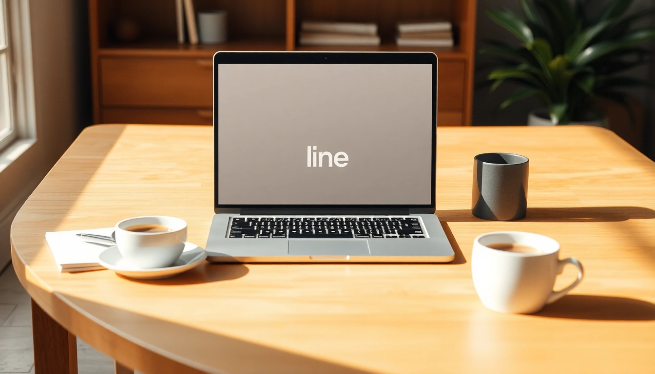 Showcase the line電腦版下載 app interface on a laptop with a warm workspace setting.