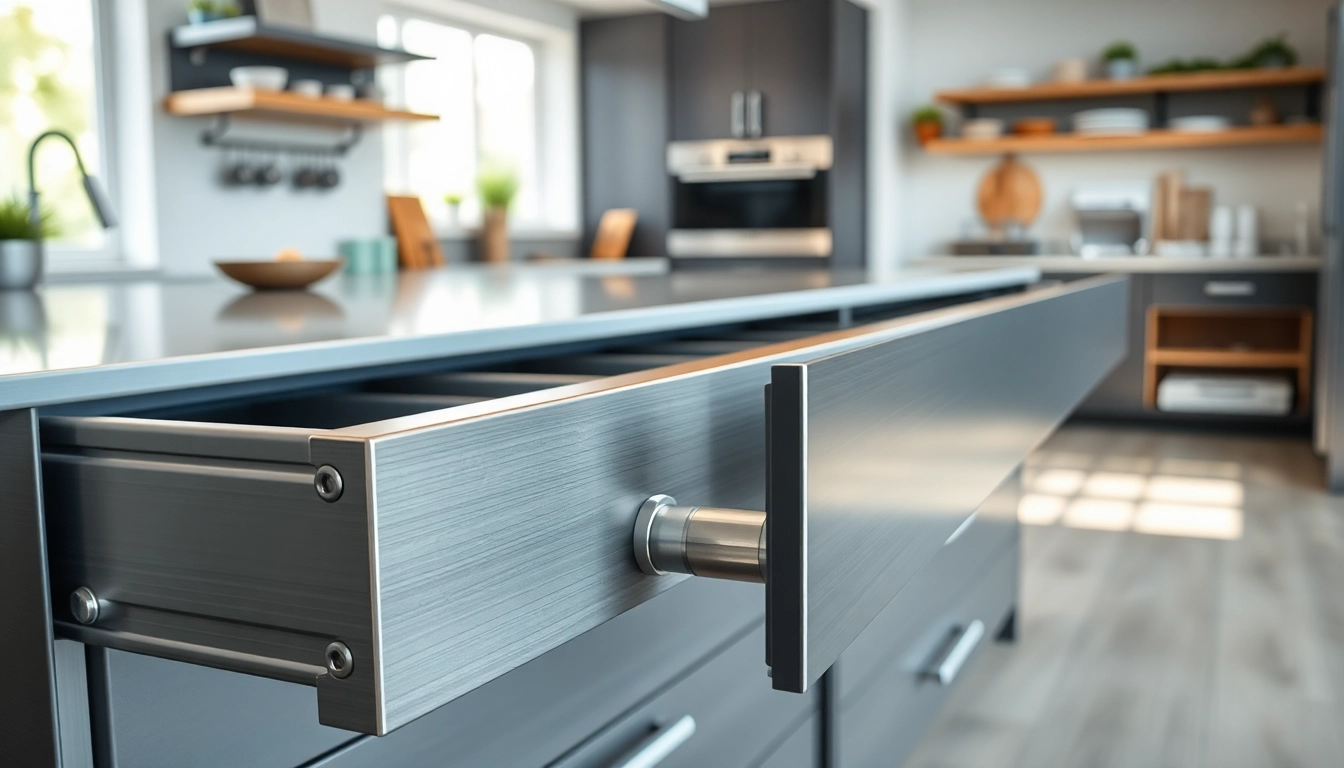 Showcasing a Metal Drawer System with sleek design in a modern kitchen, emphasizing durability and functionality.