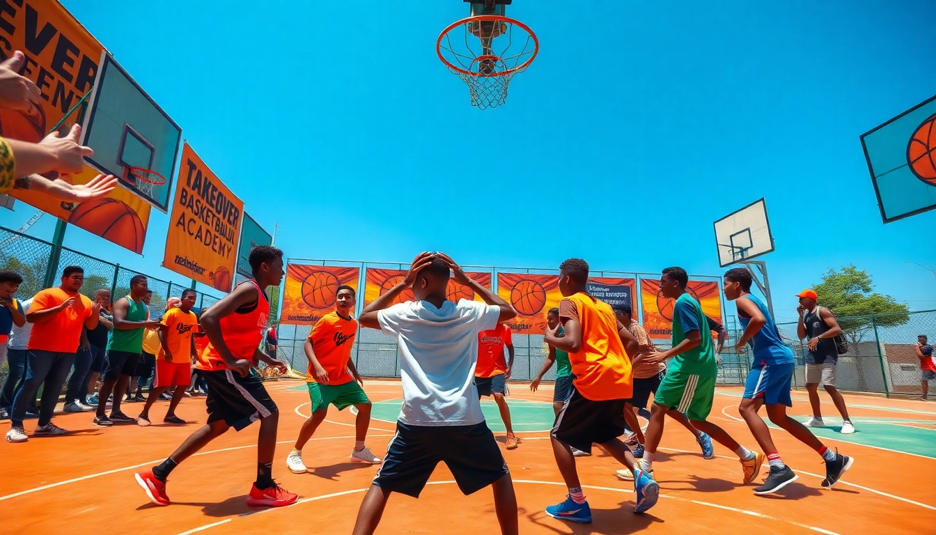 Young athletes training at Takeover Basketball Academy, showcasing teamwork and skill development.