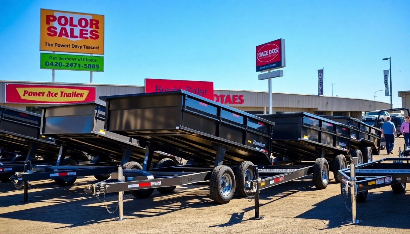 Showcase of dump trailer for sale near me in a busy dealership setting with vibrant models.