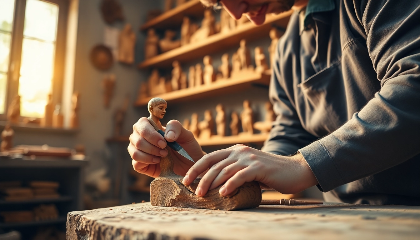 Artisan crafting intricate olive wood carvings with skilled hands in a warm workshop.