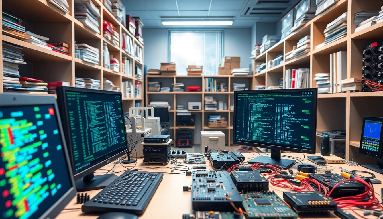 Creating dma firmware at a high-tech workstation with intricate circuits and coding displays.