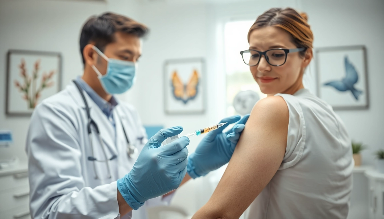 Administering an injection vit b12 in a modern medical clinic for patient wellness.