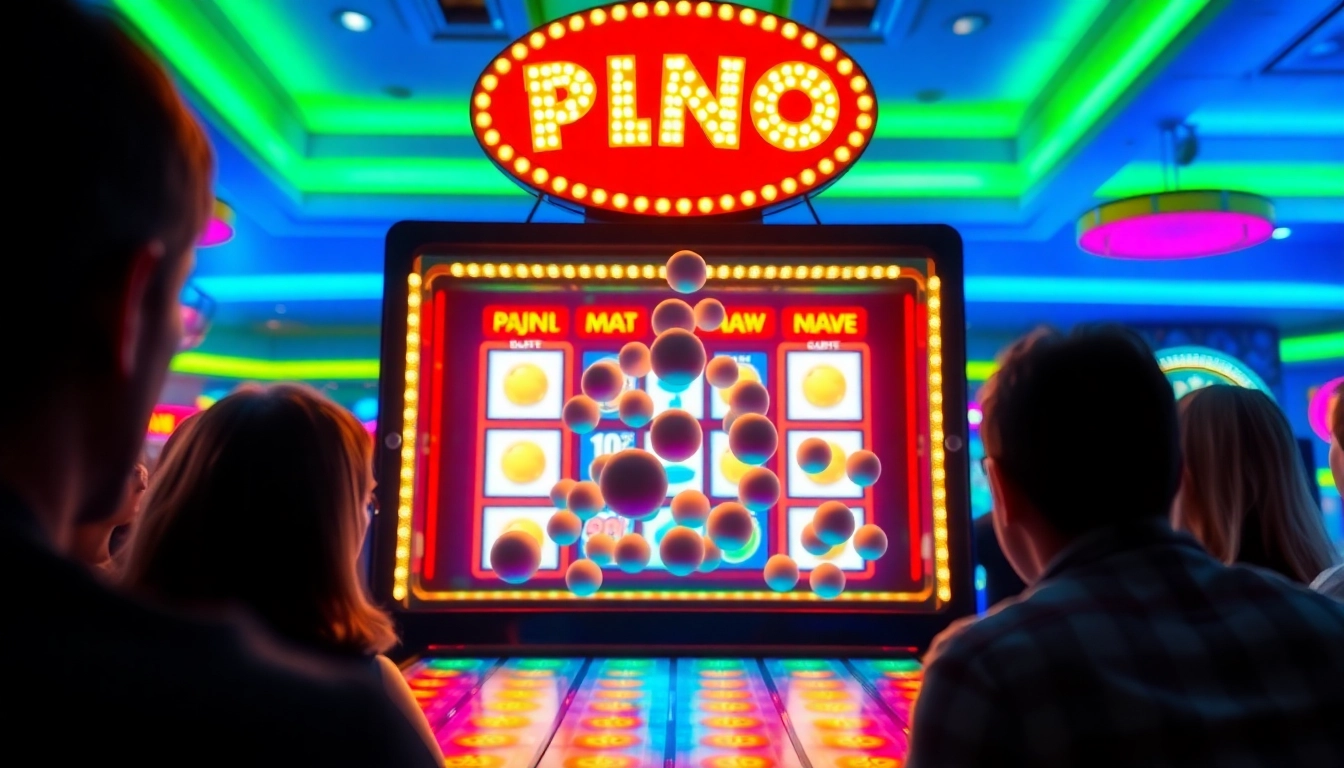 Permainan plinko slot yang seru dengan bola meluncur dan suasana kasino yang lively.